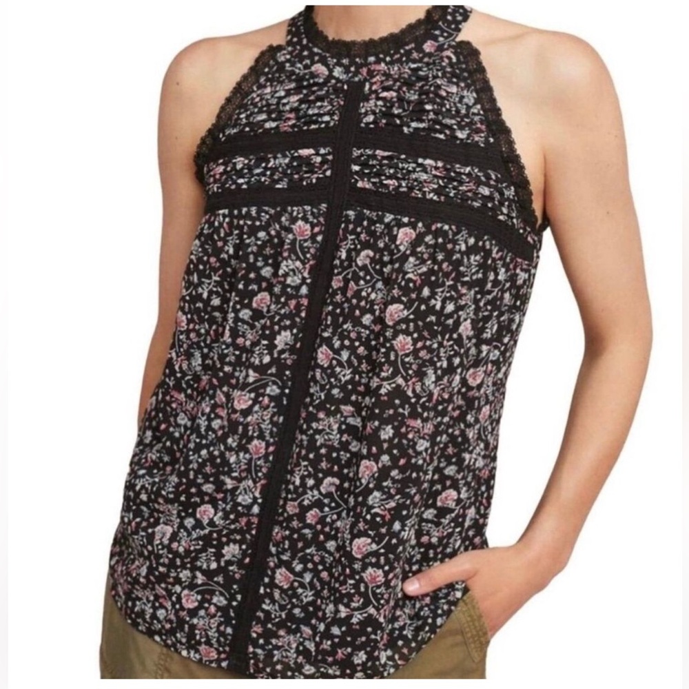 Anthropologie MaEve Ashley Chiffon Floral Lace Trim Lined Halter Blouse L